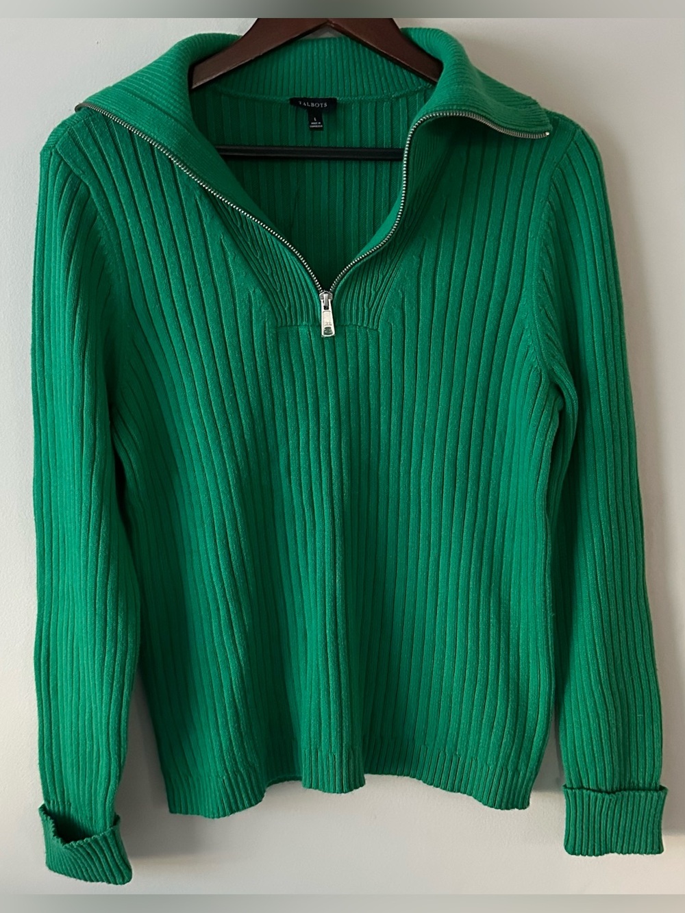 NWT Talbots large half zip mock neck sweater green part cotton and merino wool